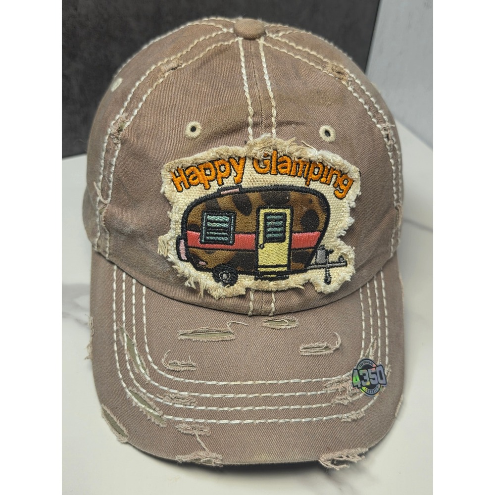 4350 District Happy Glamping Distressed Baseball Cap Tan Brown Leopard Brim‎ Hat